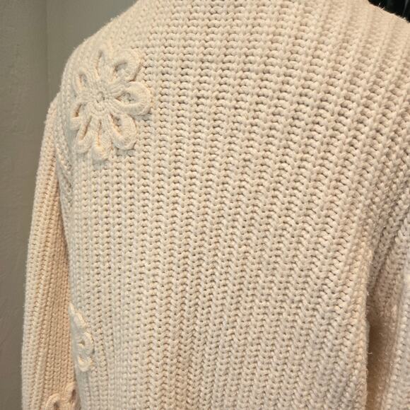 Rails Romy Cream Floral Daisy Applique Chunky Knit Cotton Puff Sleeve Sweater, M - Picture 7 of 11